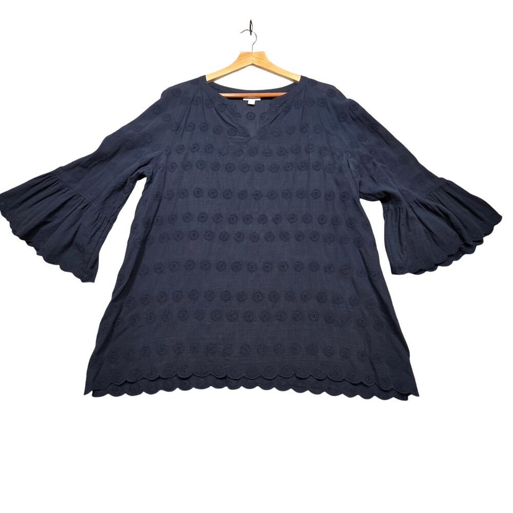 J.Jill Navy Embroidered Bell Sleeve Tunic Top